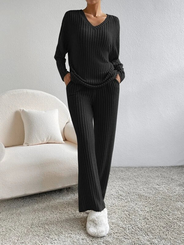 Ensemble Loungewear Femme Doux Côtelé avec Pull et Pantalon Large