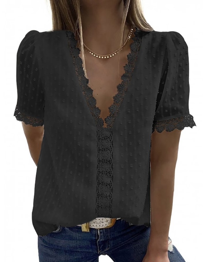 Summer Women's Blouse With V Neck And Lace Short Sleeves