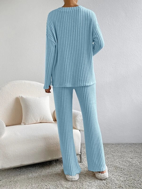 Ensemble Loungewear Femme Doux Côtelé avec Pull et Pantalon Large