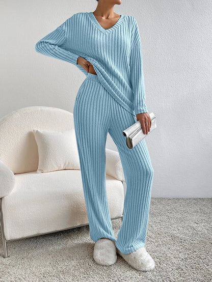 Zachte Geribde Dames Loungewear Set met Trui en Wijde Broek