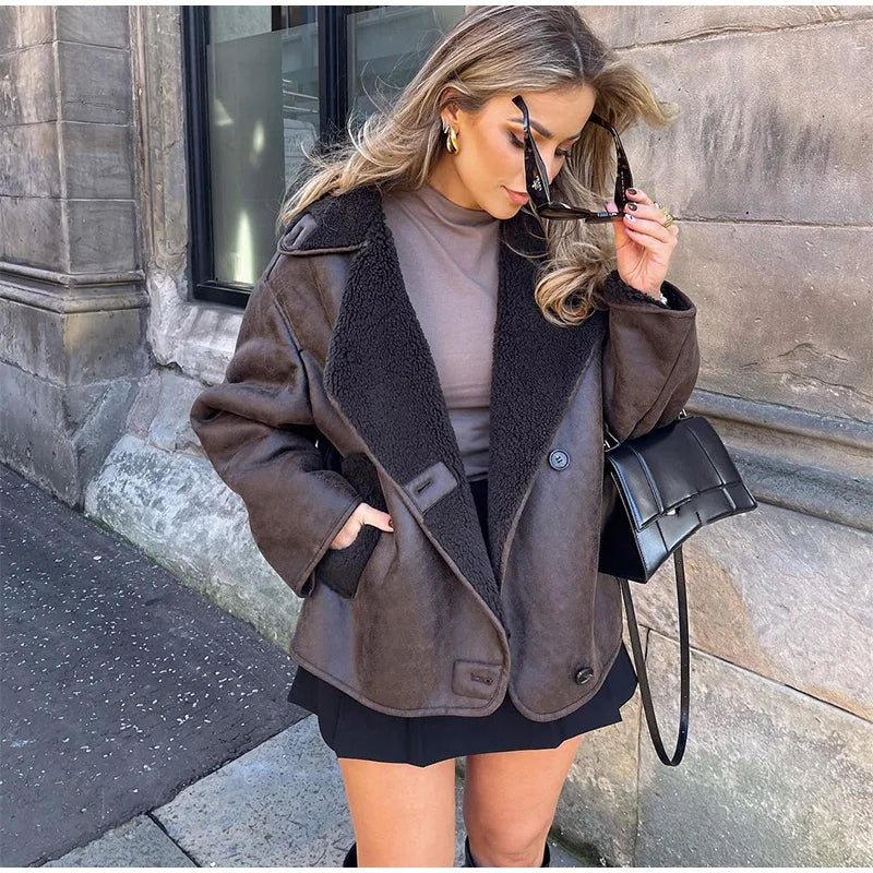 Brown Oversized Women's Winter Coat with Teddy Lining
