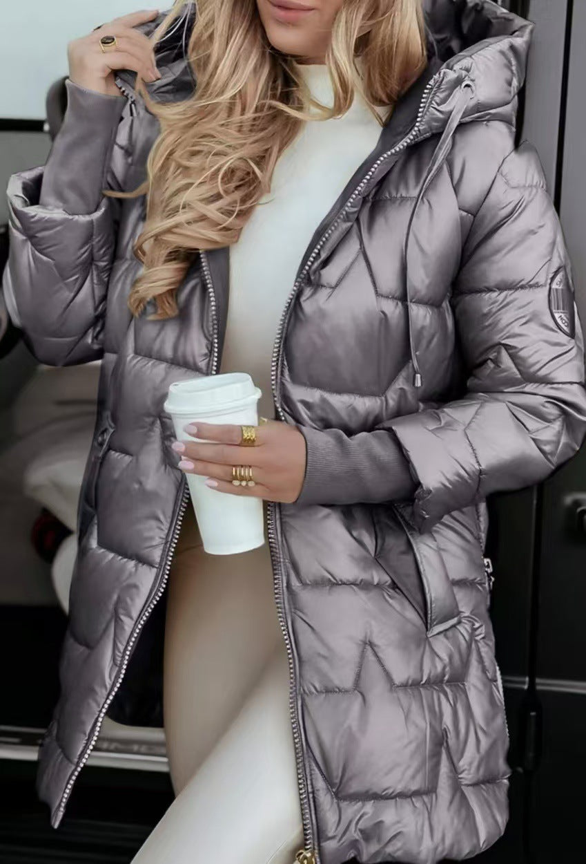 Women's Warm Mid-Length Puffer Coat with Hood and Pockets