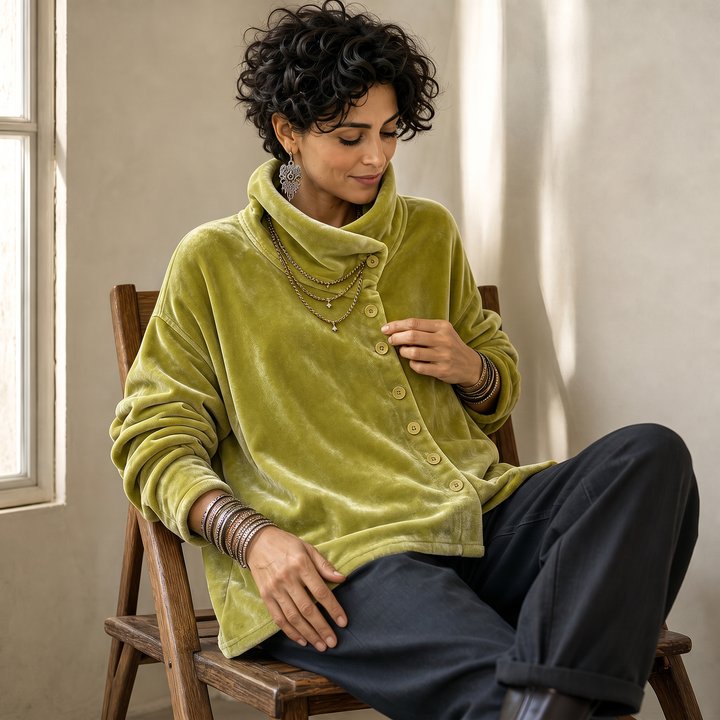 Rekbare Fluwelen Dames Coltrui met Knoopsluiting en Asymmetrische Zoom