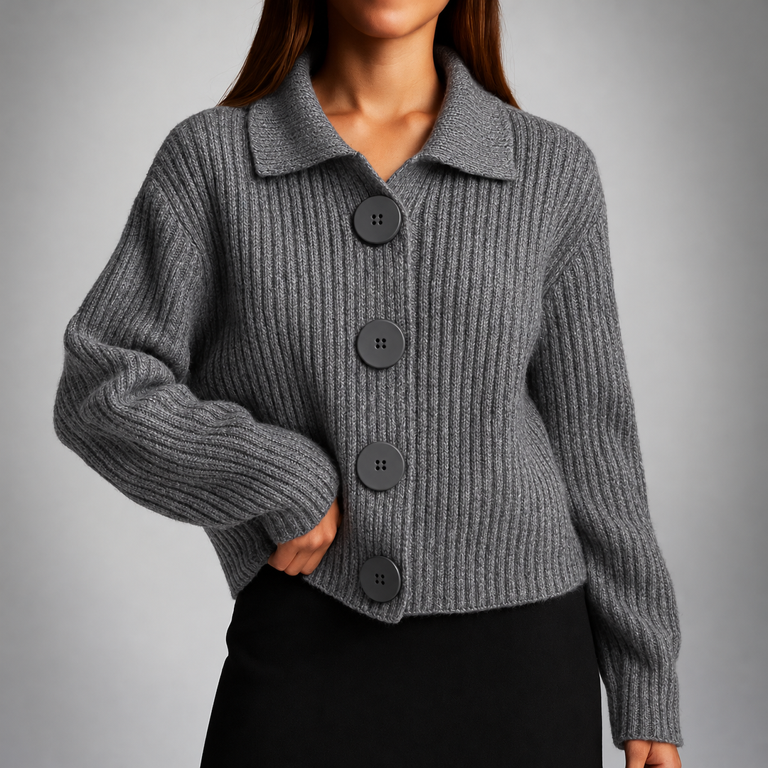 Cardigan voor Dames met Ribbelbreisel en Zwarte Knopen – Grijs