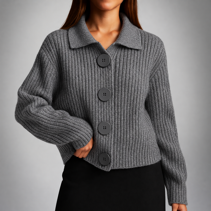 Cardigan voor Dames met Ribbelbreisel en Zwarte Knopen – Grijs