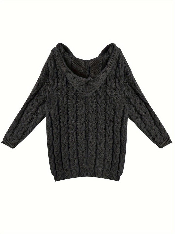 Losvallende Kabelgebreide Dames Sweater met Capuchon en Geribde Boorden