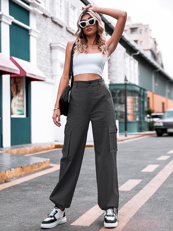 Trendy Dames Cargo Broek met Hoge Taille en Rechte Pasvorm