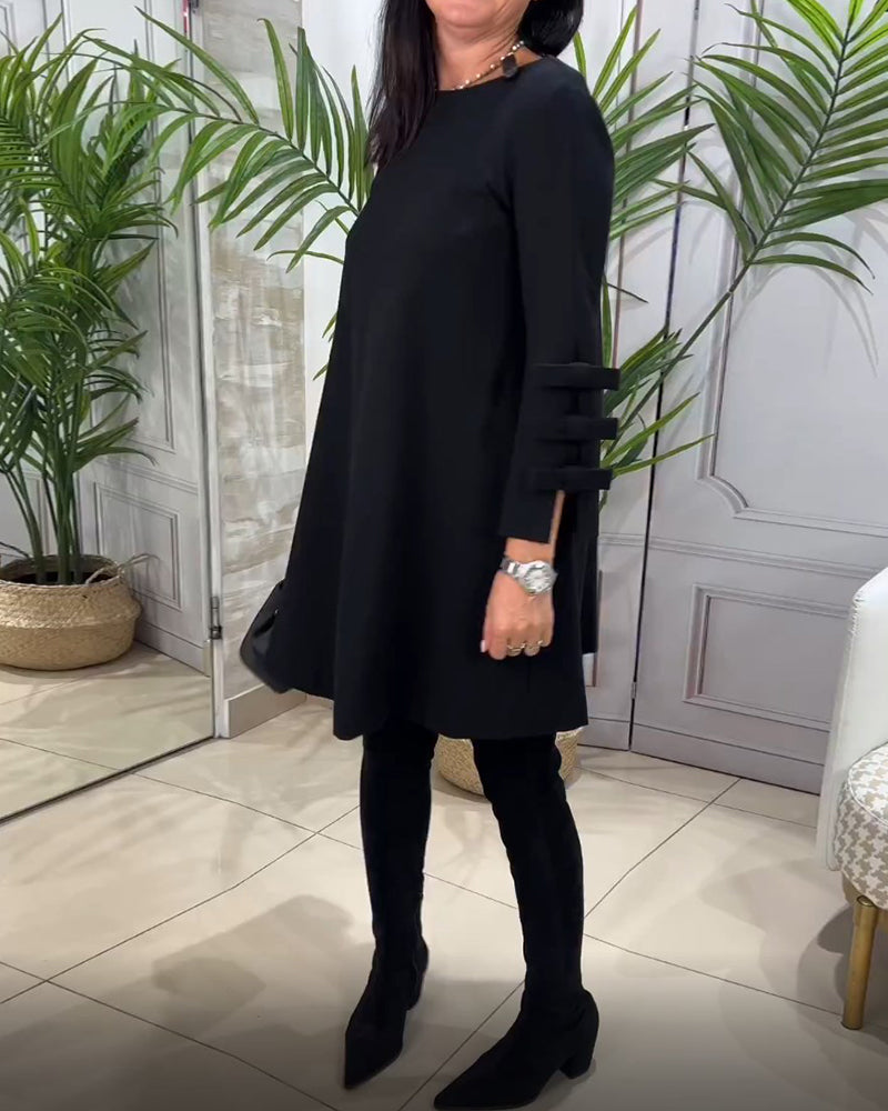 Zwarte Winterse Dames Mini Sweater Jurk met Lange Mouwen en Strik