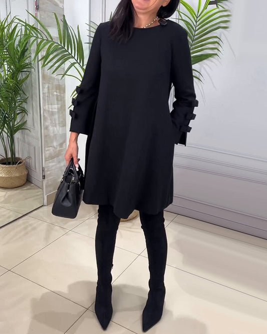 Zwarte Winterse Dames Mini Sweater Jurk met Lange Mouwen en Strik