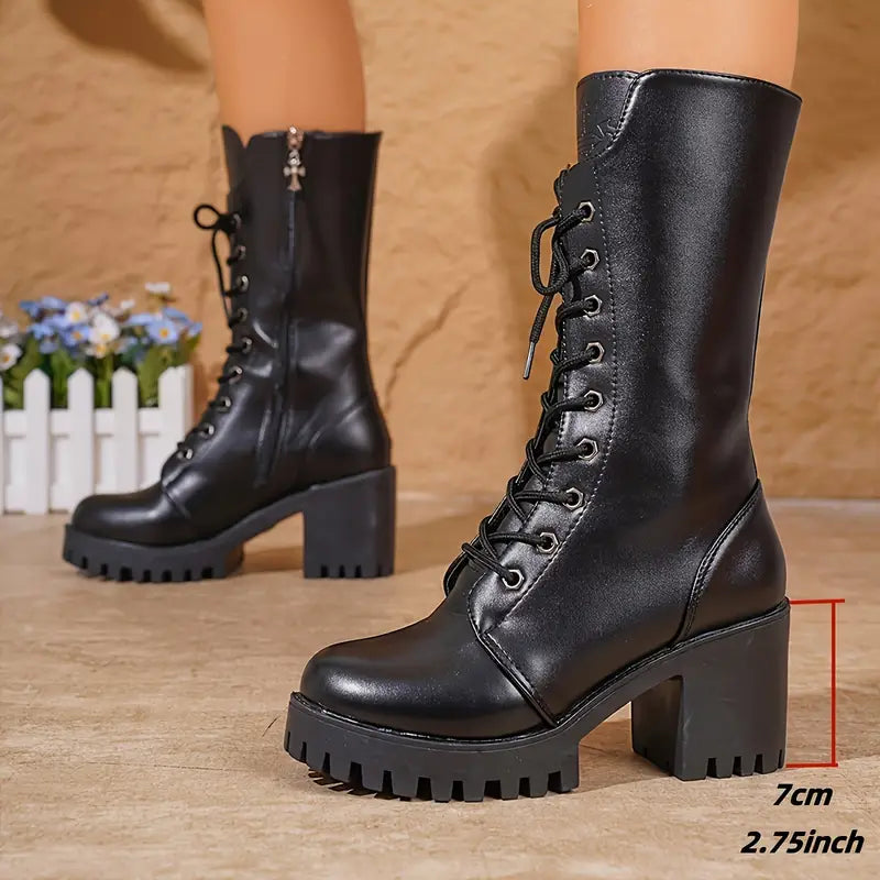 Bottes de combat noires chics pour femmes avec lacets et talon épais