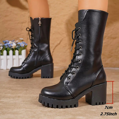 Chique Zwarte Dames Combat Boots met Veters en Chunky Hak