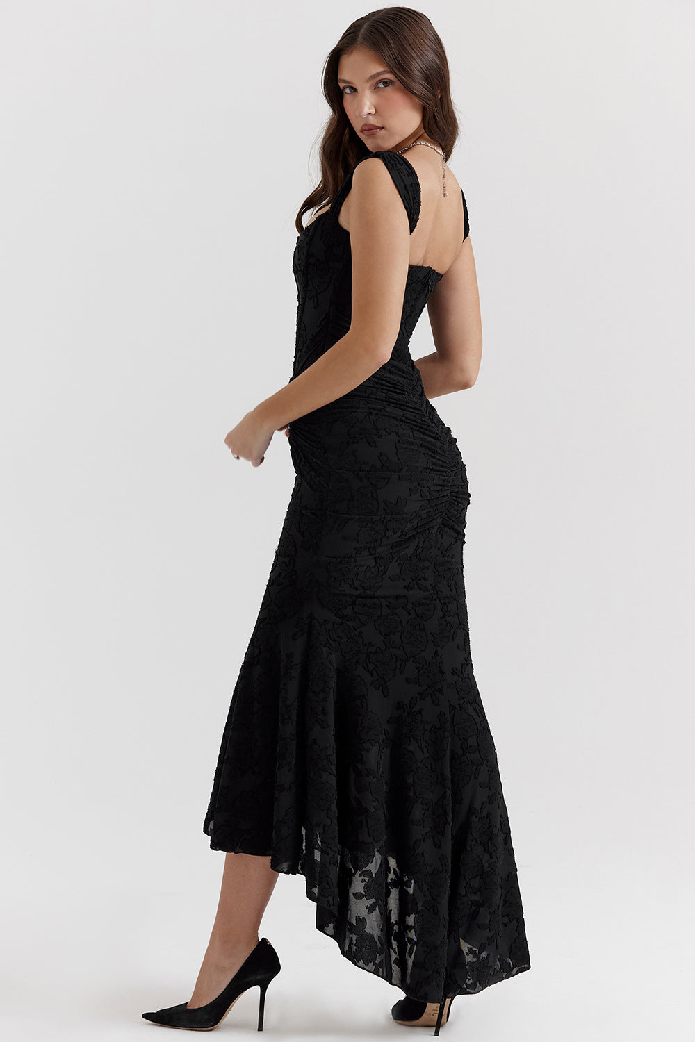 Youna | Elegante Midi Jurk met Asymmetrische Rok en Corsetdetail