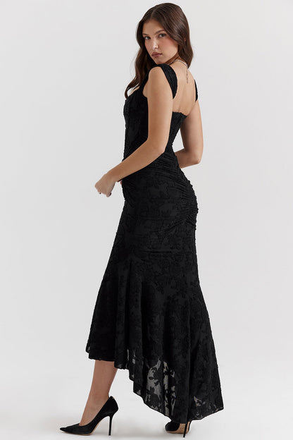 Youna | Elegante Midi Jurk met Asymmetrische Rok en Corsetdetail