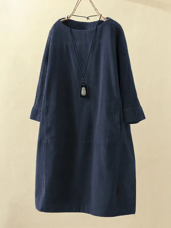 Luchtige Corduroy Midi Jurk Met Losse Pasvorm voor Dames