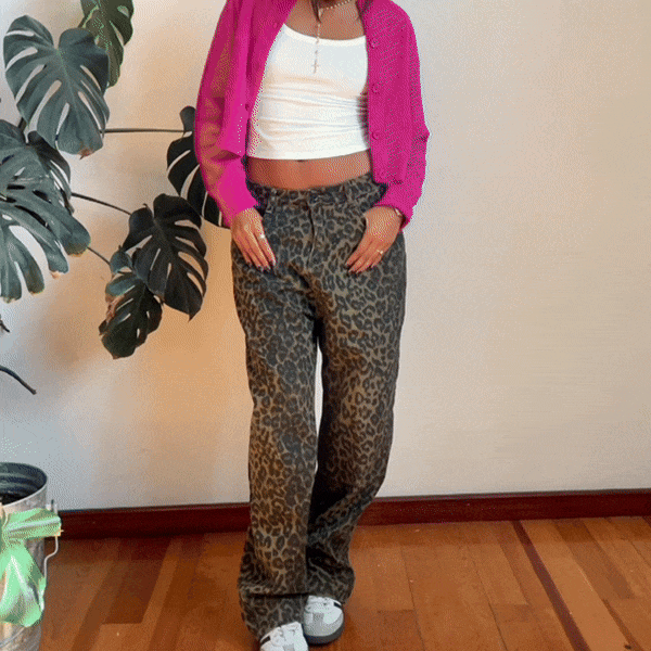Dames Jeans met Panterprint Hoge Taille en Wijde Pijpen