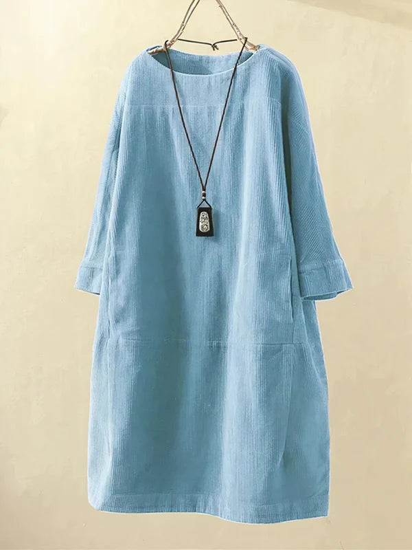 Luchtige Corduroy Midi Jurk Met Losse Pasvorm voor Dames