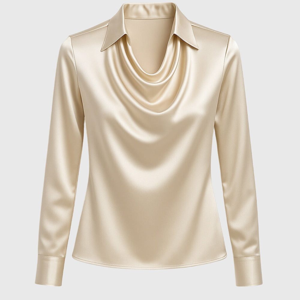 Glanzende Satijnen Dames Blouse met Gedrapeerde Hals en Manchetten