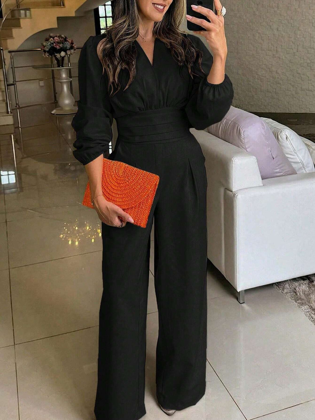 Comfortabele Dames Jumpsuit Met Smockdetail En Wijde Pijpen