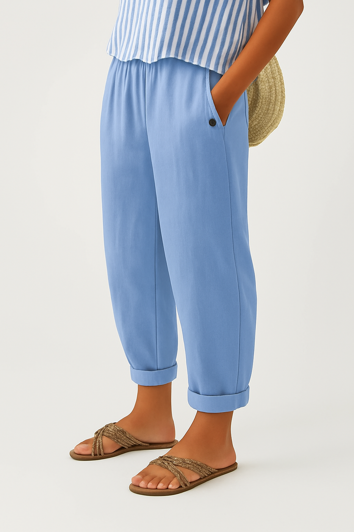Dames Broek Relaxed Tapered met Elastische Taille en Omgeslagen Boord Lichtblauw