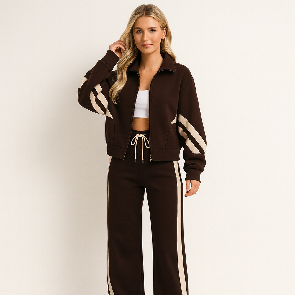 Dames Joggingpak met Ritsjack, Wijde Broek en Contrasterende Strepen Bruin