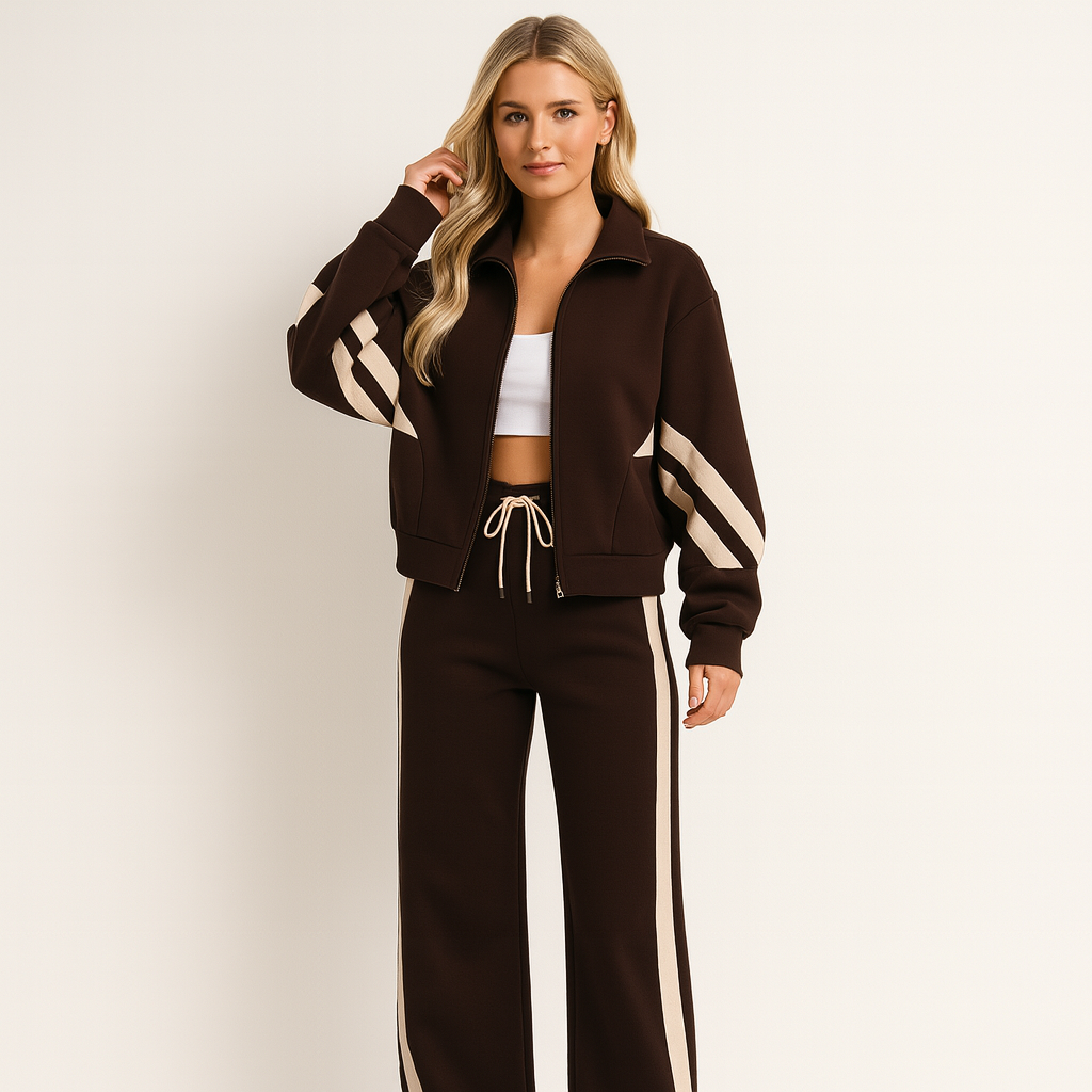 Dames Joggingpak met Ritsjack, Wijde Broek en Contrasterende Strepen Bruin