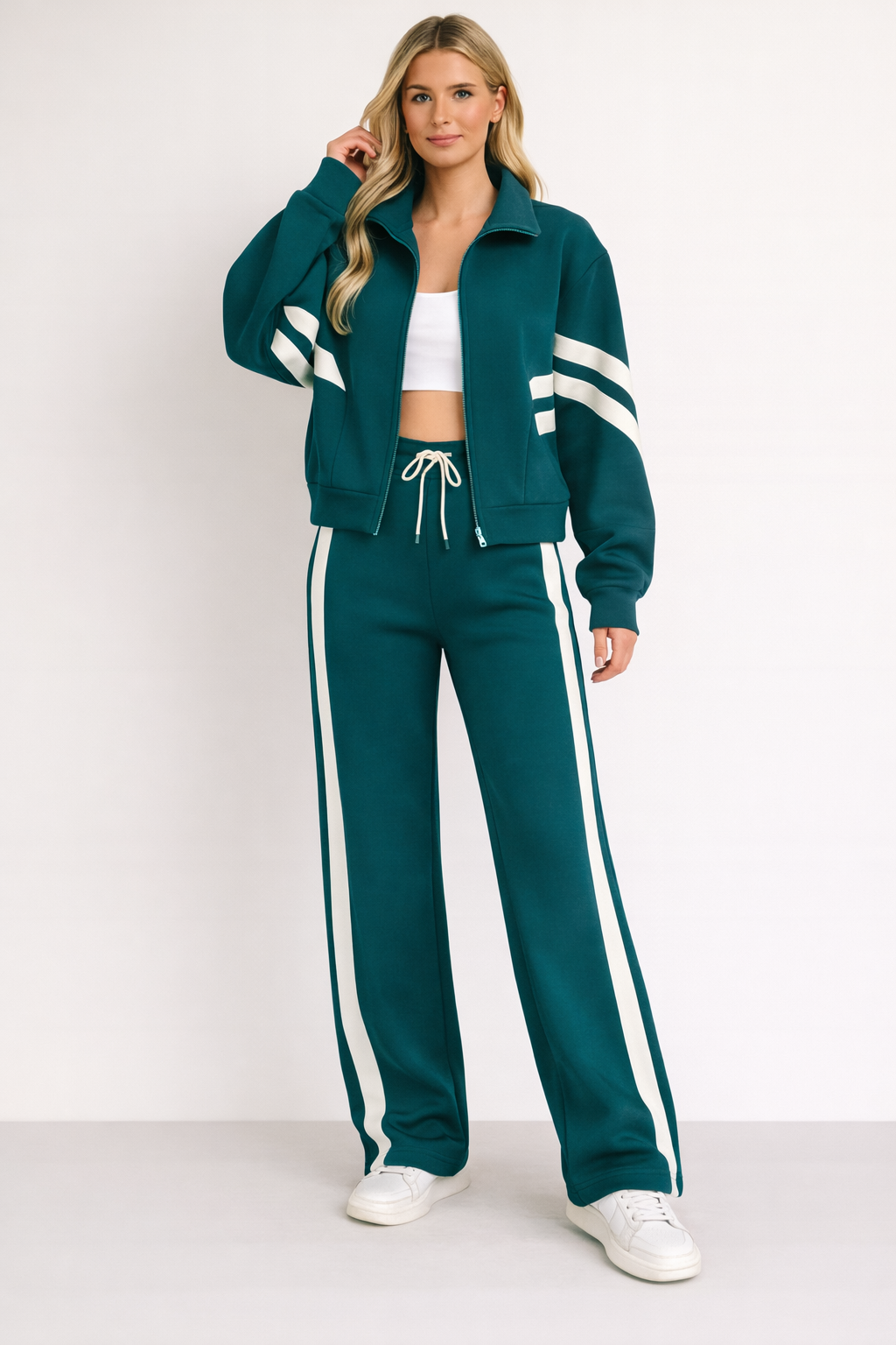Dames Joggingpak met Ritsjack, Wijde Broek en Contrasterende Strepen Groen