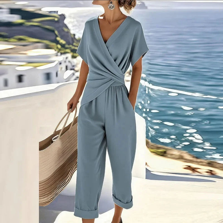 Dames Jumpsuit met Overslag V-hals, Korte Mouw en Omgeslagen Broekspijpen Blauw