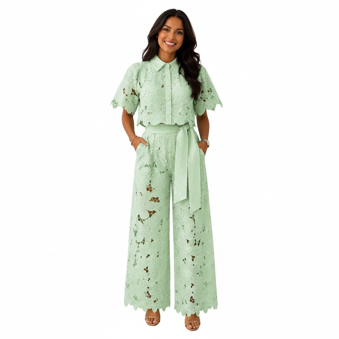 Dames Kanten Bloemen Crop Top en Wijde Broek Set met Strikceintuur
