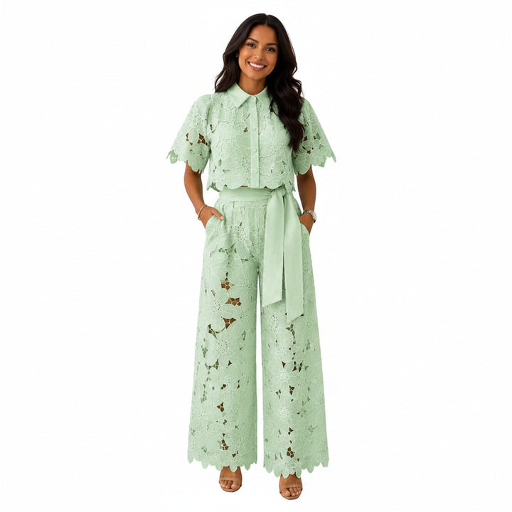 Dames Kanten Bloemen Crop Top en Wijde Broek Set met Strikceintuur