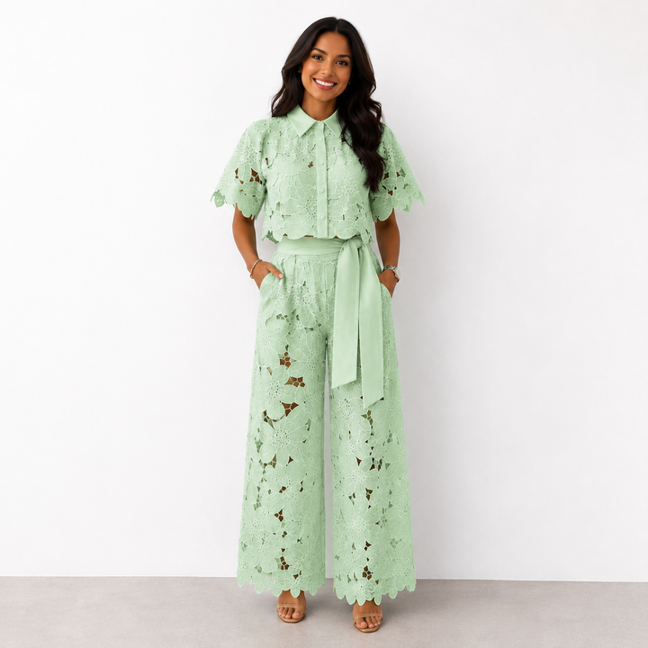 Dames Kanten Bloemen Crop Top en Wijde Broek Set met Strikceintuur Groen