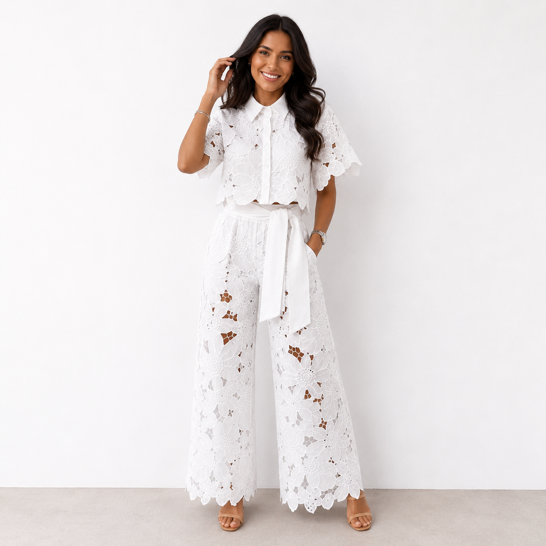 Dames Kanten Bloemen Crop Top en Wijde Broek Set met Strikceintuur Wit