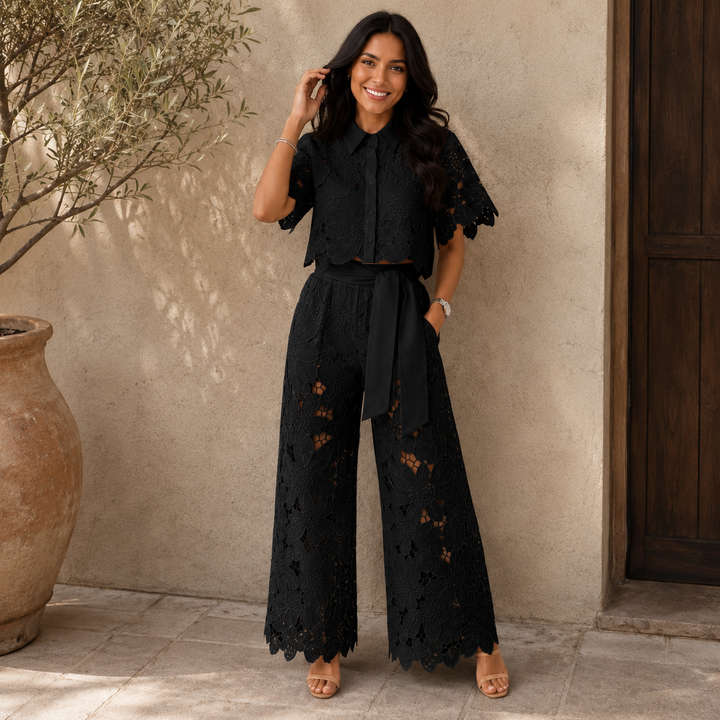 Dames Kanten Bloemen Crop Top en Wijde Broek Set met Strikceintuur Zwart