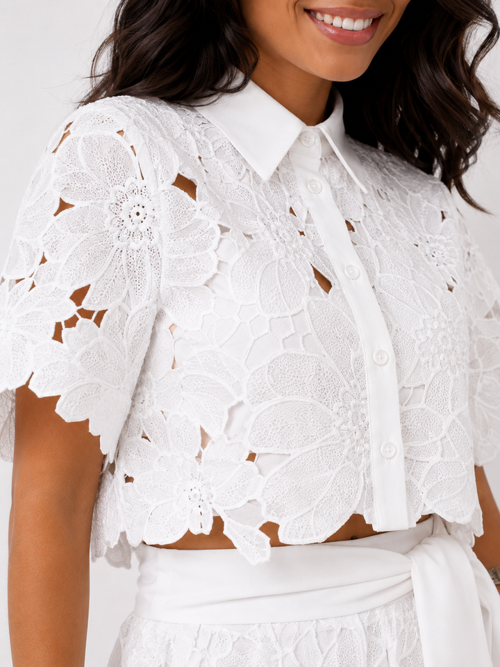 Dames Kanten Bloemen Crop Top en Wijde Broek Set met Strikceintuur