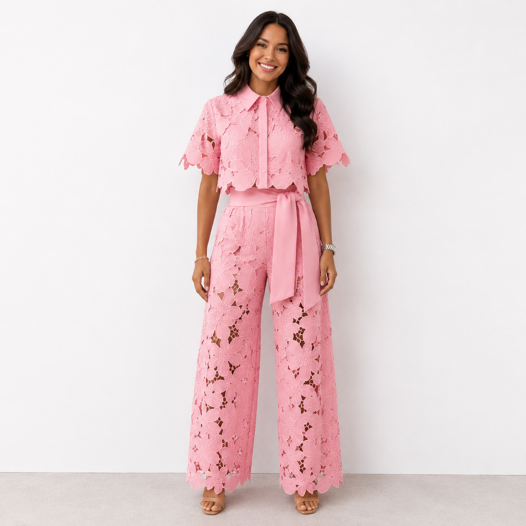 Dames Kanten Bloemen Crop Top en Wijde Broek Set met Strikceintuur Roze