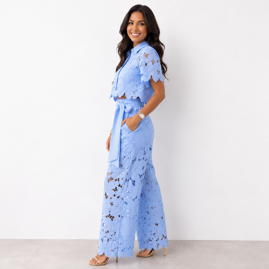 Dames Kanten Bloemen Crop Top en Wijde Broek Set met Strikceintuur Lichtblauw
