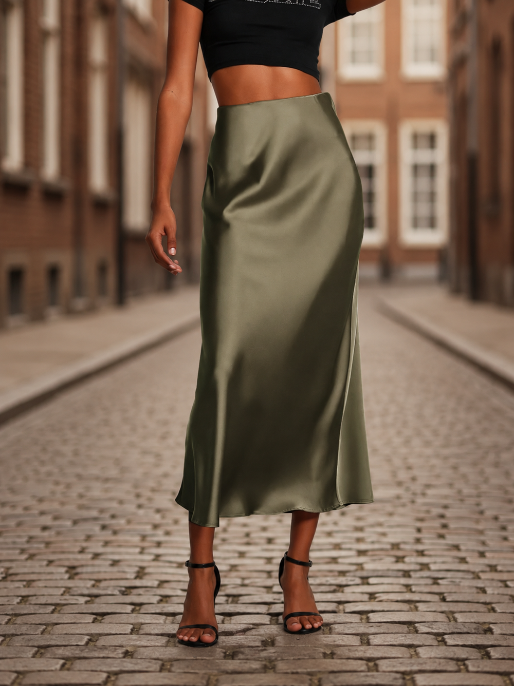 Dames Midi Rok met Hoge Taille en Vloeiende Snit Donkergroen