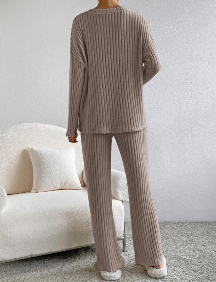Ensemble Loungewear Femme Doux Côtelé avec Pull et Pantalon Large