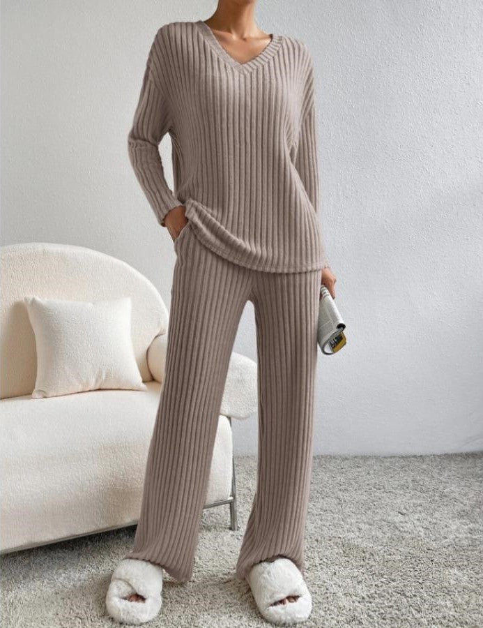 Zachte Geribde Dames Loungewear Set met Trui en Wijde Broek