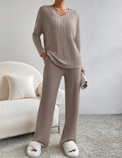Zachte Geribde Dames Loungewear Set met Trui en Wijde Broek