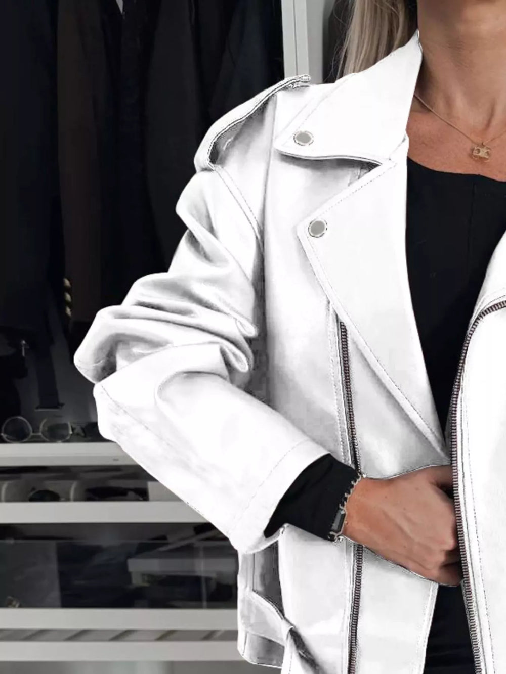 Oversized Women's PU Leather Biker Jacket with Belt and Notched Collar