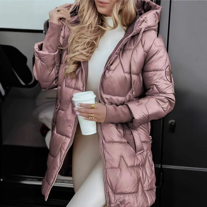 Women's Warm Mid-Length Puffer Coat with Hood and Pockets