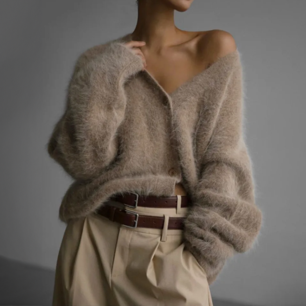 Delwyn | Women's Oversized Fuzzy Button-Front Cardigan - Taupe - Image 2