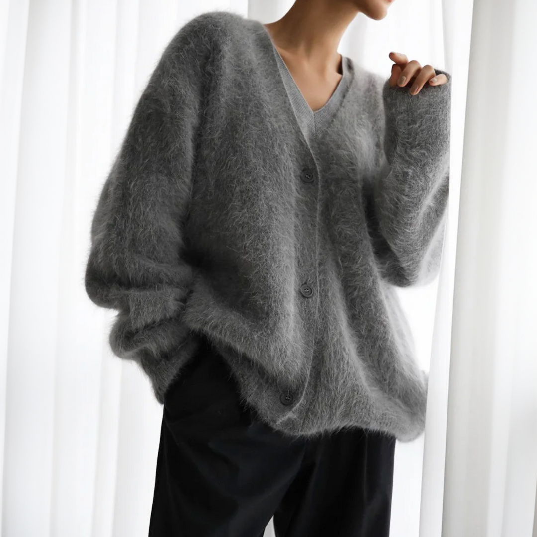 Delwyn | Women's Oversized Fuzzy Button-Front Cardigan - Taupe - Image 3