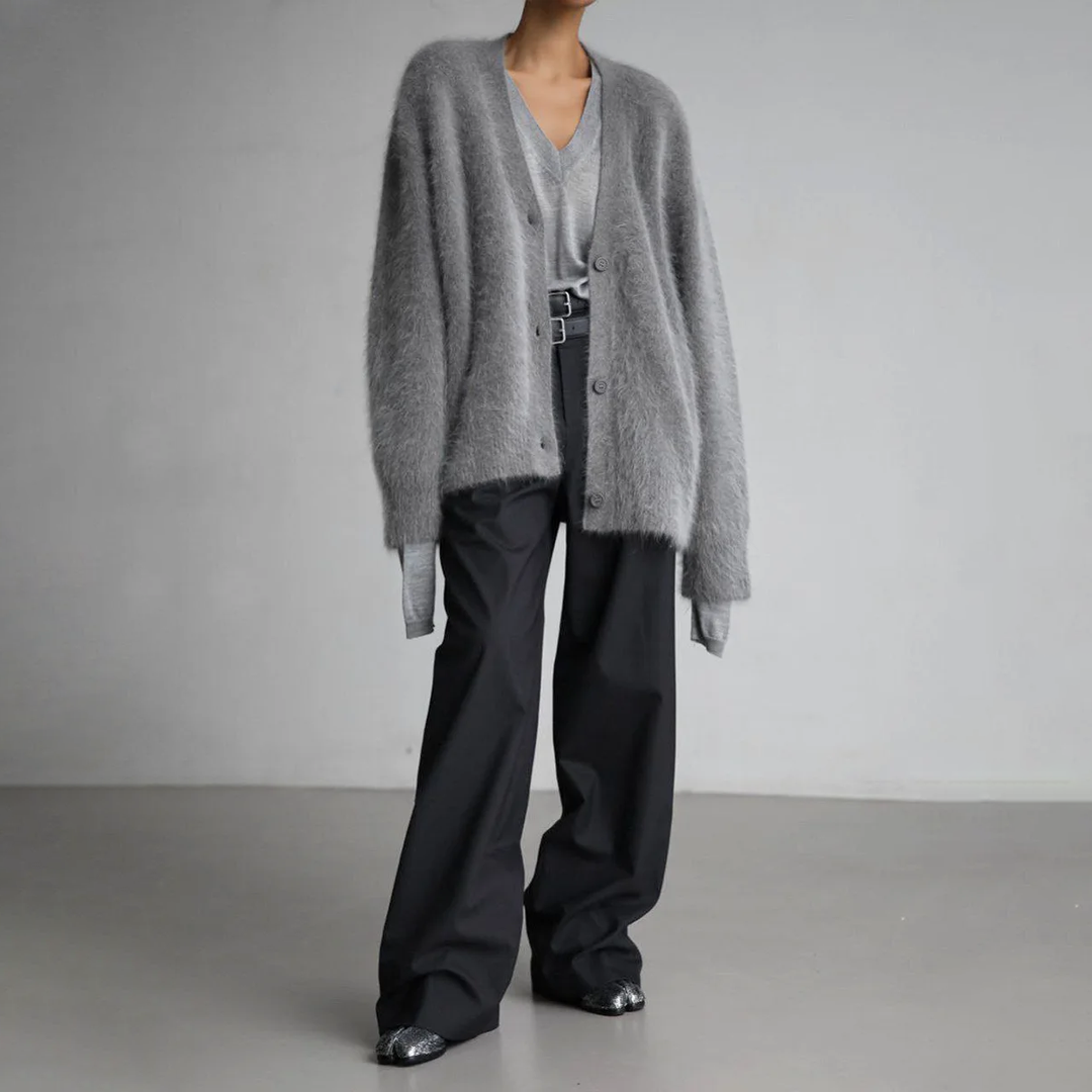 Delwyn | Women's Oversized Fuzzy Button-Front Cardigan - Taupe - Image 4