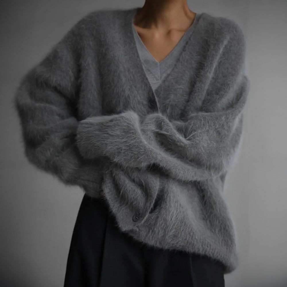 Delwyn | Women's Oversized Fuzzy Button-Front Cardigan - Taupe - Image 5
