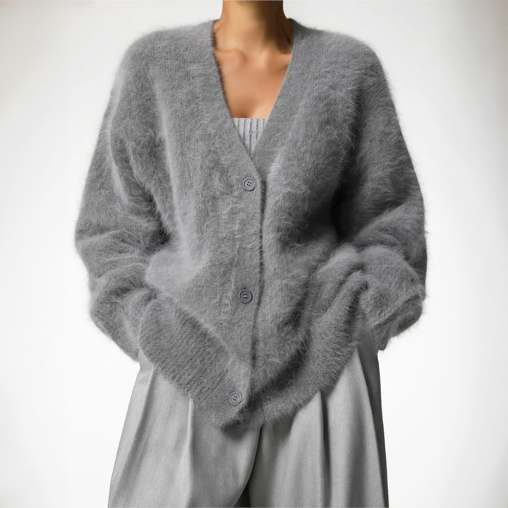 Delwyn | Women's Oversized Fuzzy Button-Front Cardigan - Taupe - Image 6