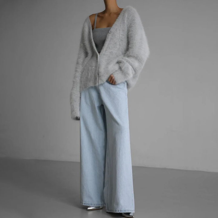 Delwyn | Women's Oversized Fuzzy Button-Front Cardigan - Taupe - Image 9