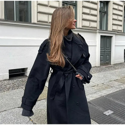 Zwarte Dames Lange Double Breasted Winterjas met Wolmix