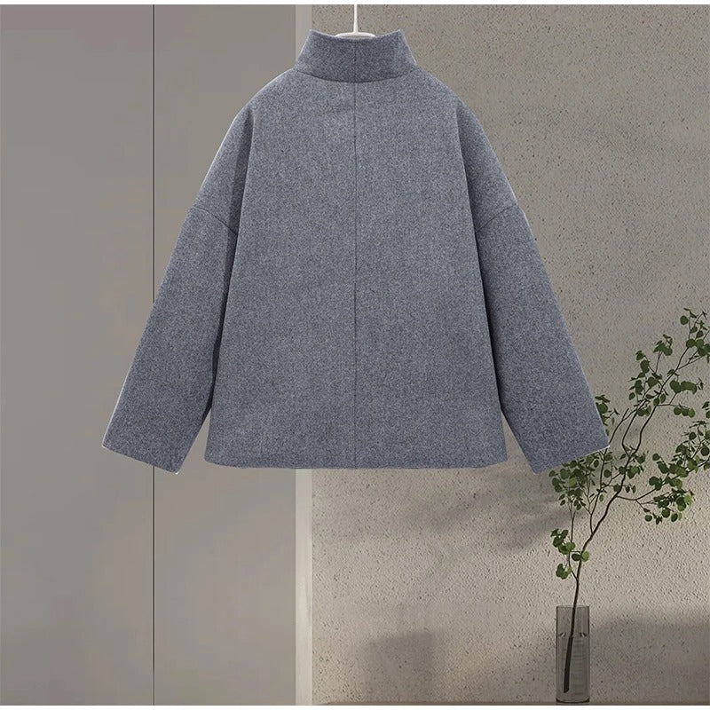 Wool-Blend Women's Coat with High Collar and Double Buttons