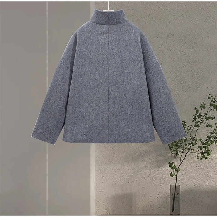 Wool-Blend Women's Coat with High Collar and Double Buttons